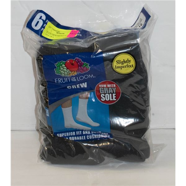 BLACK CREW SOCKS 12-16 SIZE PACK OF 6