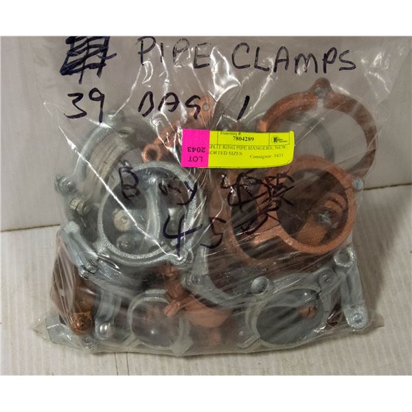 39 SPLIT RING PIPE HANGERS; NEW; ASSORTED SIZES