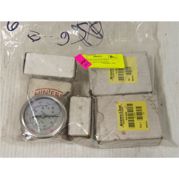 6 PRESSURE GAUGES; NEW; MULTIPLE SIZES & RANGES