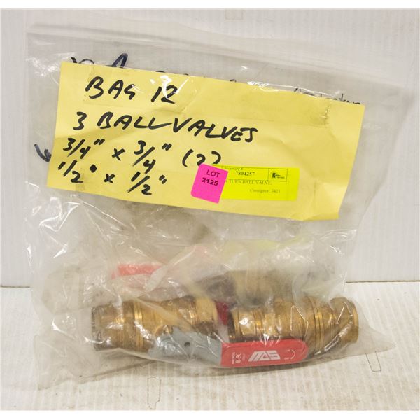 3 NEW 1/4 TURN BALL VALVE; BRASS;