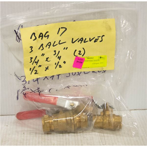 3 NEW 1/4 TURN BALL VALVE; BRASS;