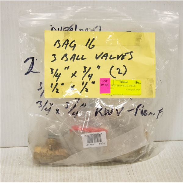 3 NEW 1/4 TURN BALL VALVE; BRASS;