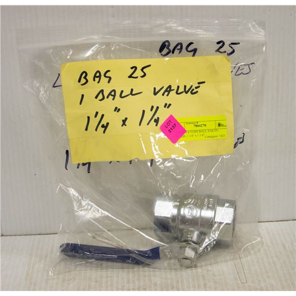 1 NEW 1/4 TURN BALL VALVE; BRASS; 1 1/4" x 1 1/4"
