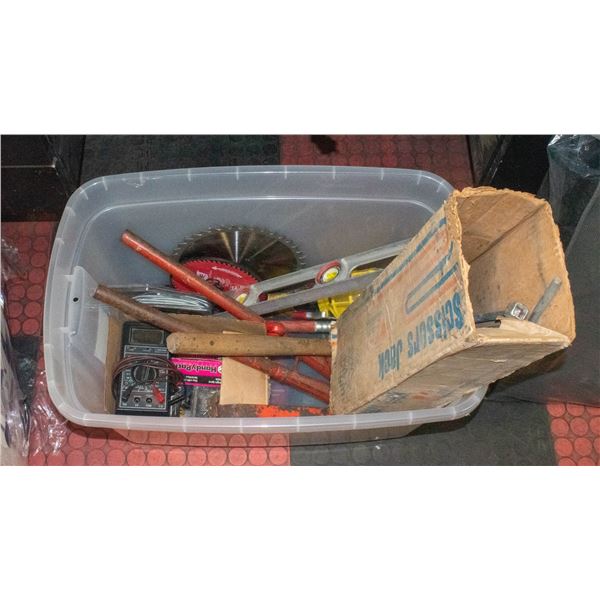 BIN OF ESTATE GARAGE ITEMS INCL SCISSORS JACK