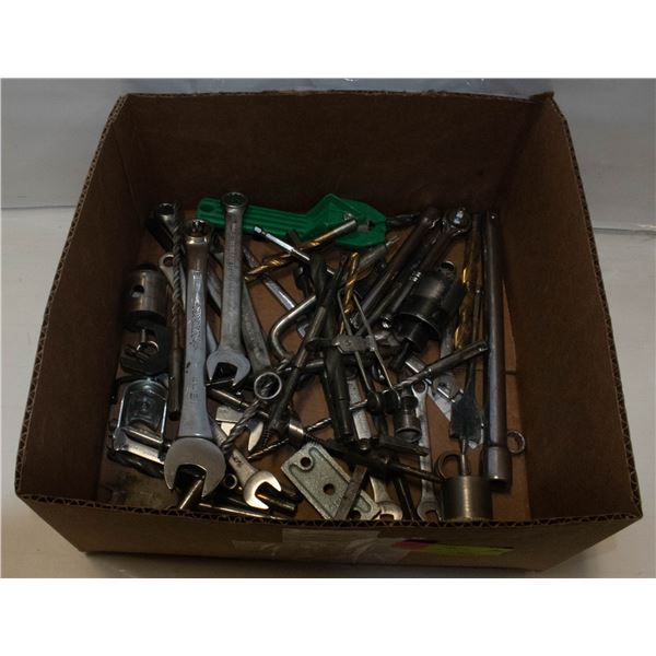 BOX OF DRILL BITS WRENCHES AND MORE