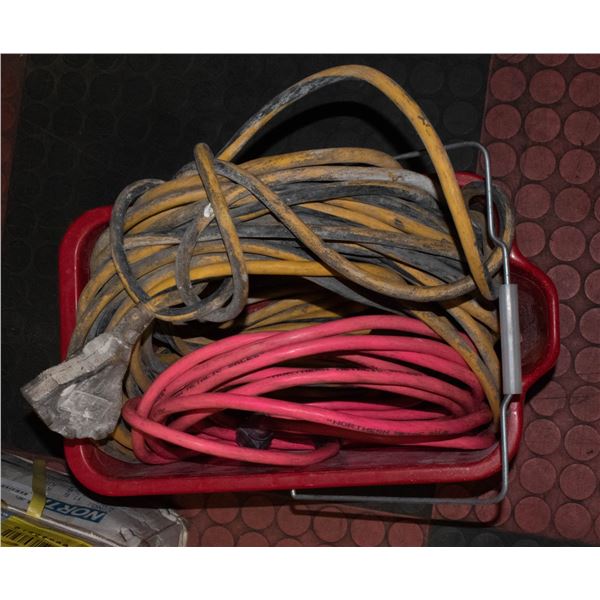 BIN WITH 2 LARGE HEAVY DUTY EXTENSION CORDS 1 WITH