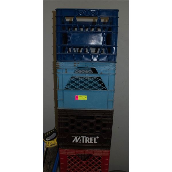 FOUR PLASTIC MILK CRATES