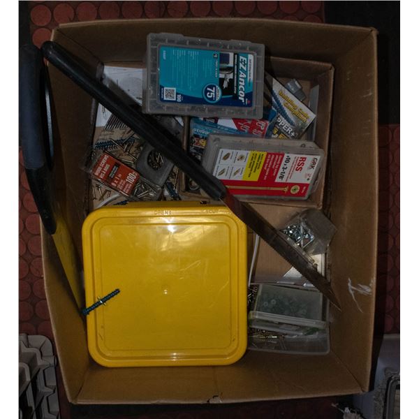 2 HAND SAWS AND A BUCKET OF NAILS/SCREWS