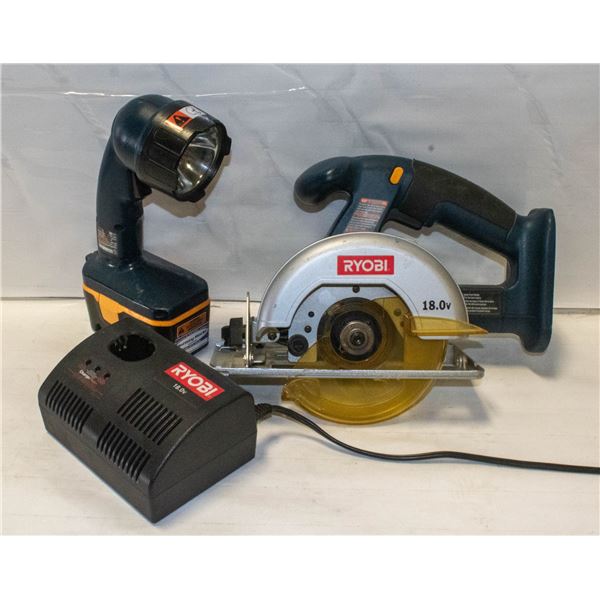 RYOBE 18 VOLT SAW LIGHT BATTERY AND CHARGER