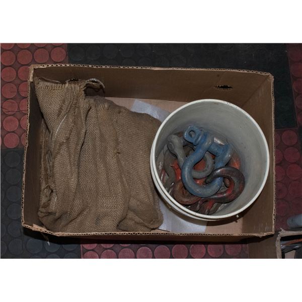 BUCKET OF HOOKS, CLEVIS AND TOWING CHAIN