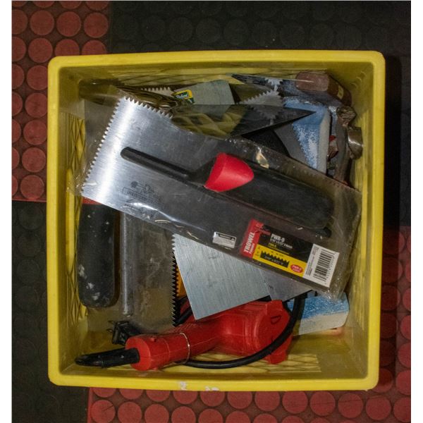 CRATE OF DRYWALL TOOLS AND ACCESSORIES