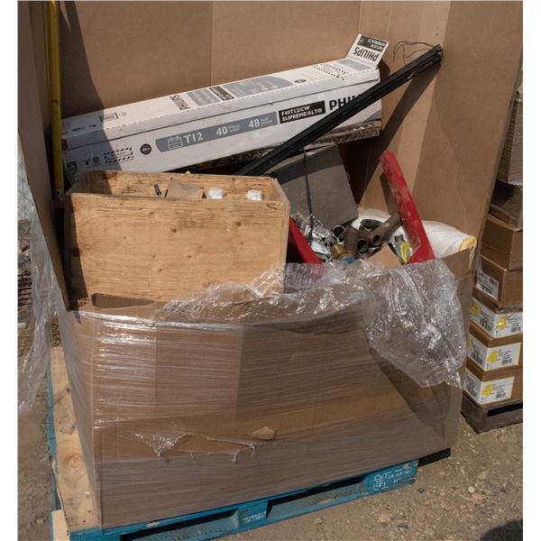 LARGE PALLET WITH LIGHTING, BRASS FITTINGS & MORE.