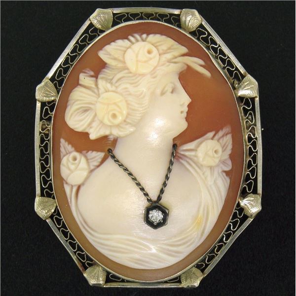 Vintage 14k White Gold Diamond & Carved Shell Cameo Open Filigree Brooch Pendant