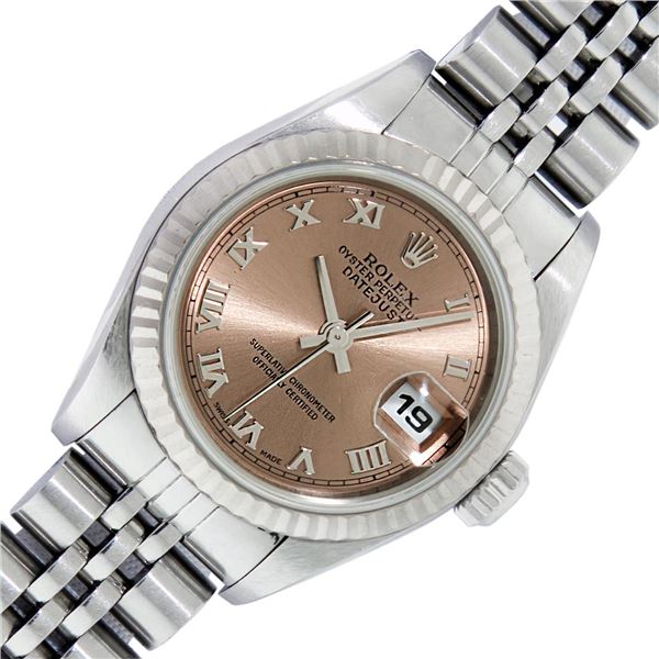 Rolex Ladies Sapphire Quickset Salmon Roman Datejust Wristwatch 26MM