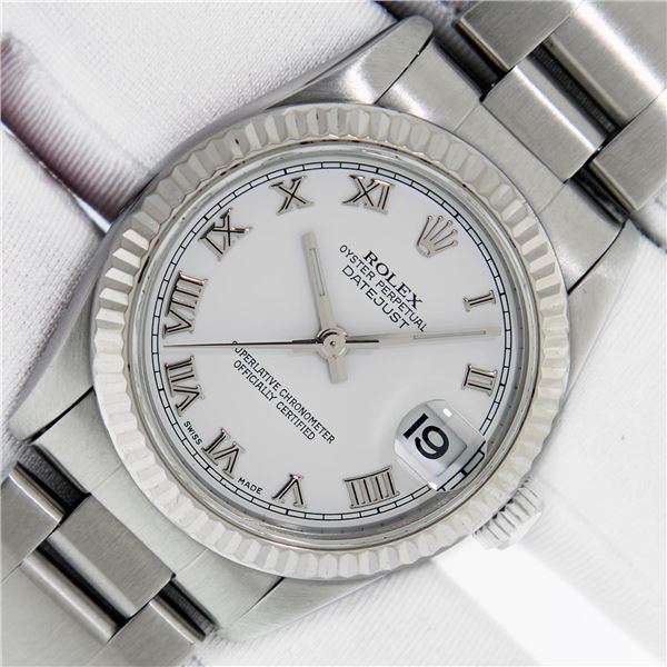 Rolex 31MM White Roman Datejust Wristwatch With Oyster Band With Box