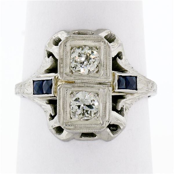 Antique Art Deco 18K White Gold .46 ctw Diamond Sapphire Open Etched Dinner Ring