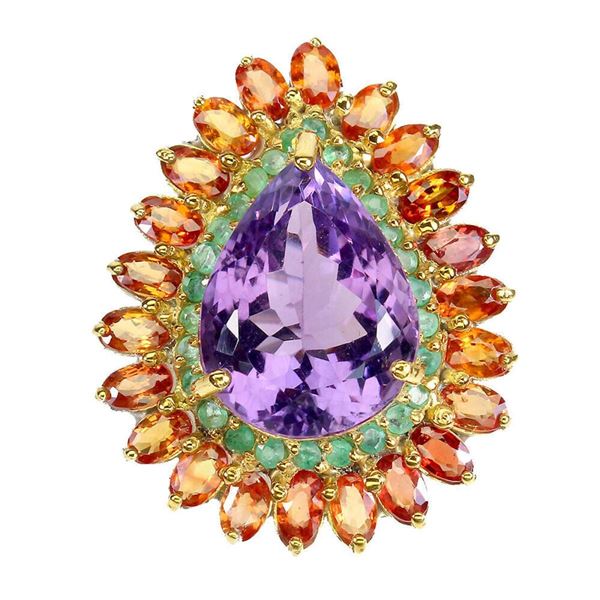 Natural Amethyst 18 Ct Colombian Emerald Sapphire Ring