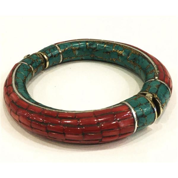 Natural Tibet Hand Made Coral & Turquoise Bangle