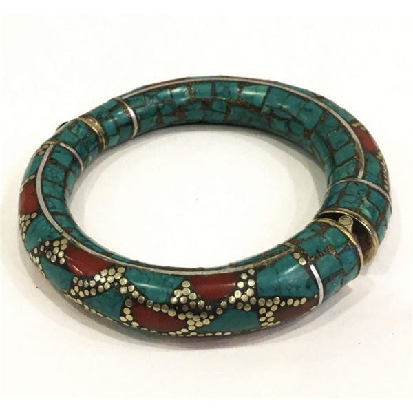 Natural Tibet Hand Made Coral & Turquoise Bangle