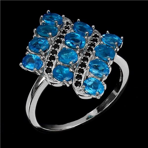 Natural Paraiba  Neon Blue Apatite  & Black Spinel Ring