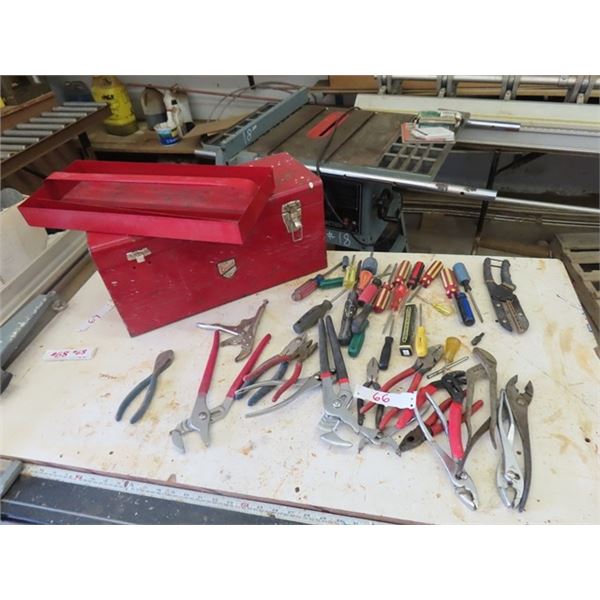 Metal Tool Box with Assortment of Tools ; Plyers