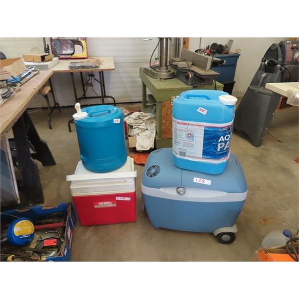 2 Coolers (1 is 12 V but Doesn’t Work) , 2 Water Jugs 