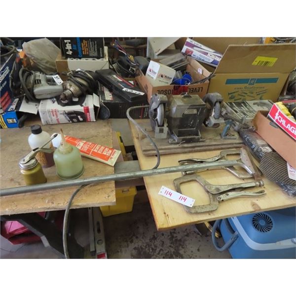 Bench Grinder, Vice Grips, Clamps, Oil Squirt Cans