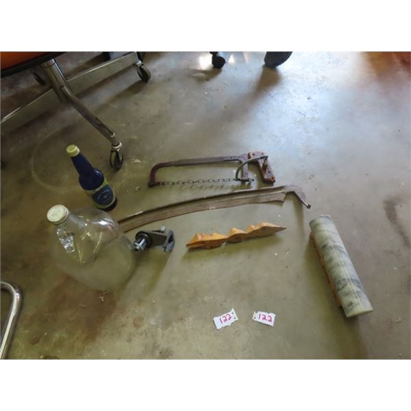 Novelty Saw, Scythe Blade, Rolling Pin Jug 