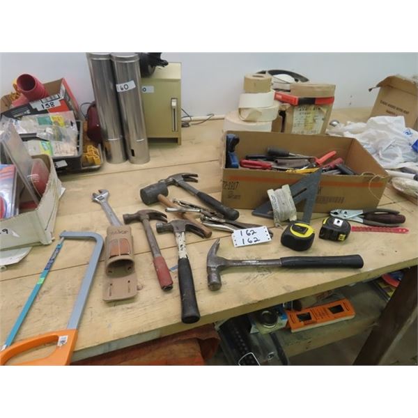 Box of Various Tools: Hack Saws, Hammers