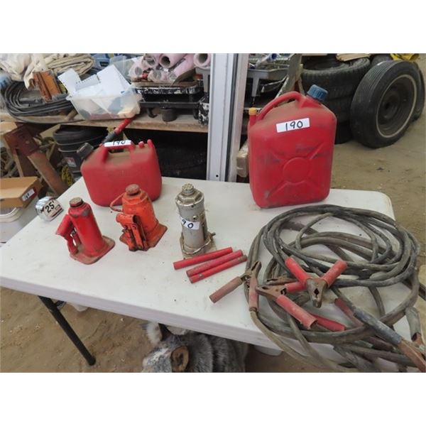 2 Jerry Gas Cans, 3 Jacks, Booster 