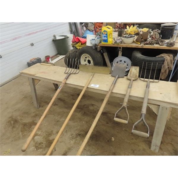 2 Forks, Rake, Spade, Roofing Shovel