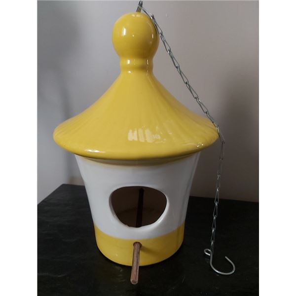 BIRD FEEDER CERAMIC MADE LARGE 10" HIGH WITH HANGING CHAIN.