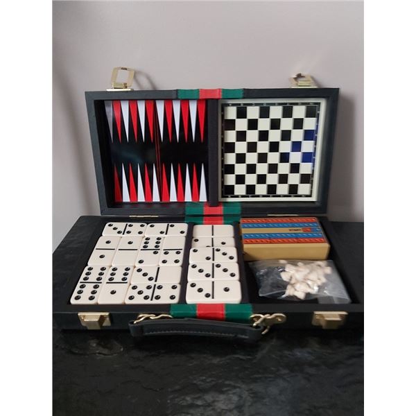 CASE OF CRIB, CHECKERS, CHESS, BACKGAMMON DOMINOES ALL IN ONE CASE
