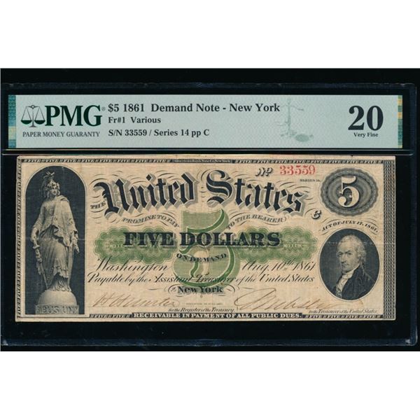 1861 $5 New York Demand Note PMG 20