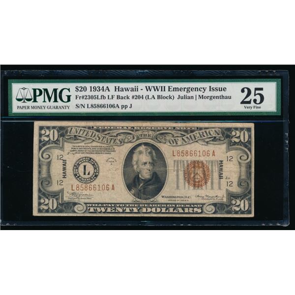 1934A $20 Hawaii FRN PMG 25