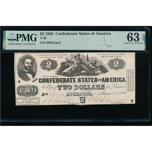 1862 $2 T-42 Confederate PMG 63EPQ