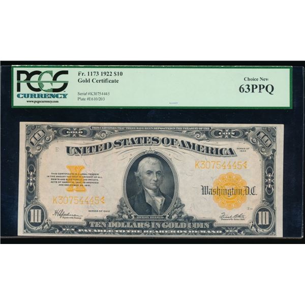 1922 $10 Gold Certificate PCGS 63PPQ