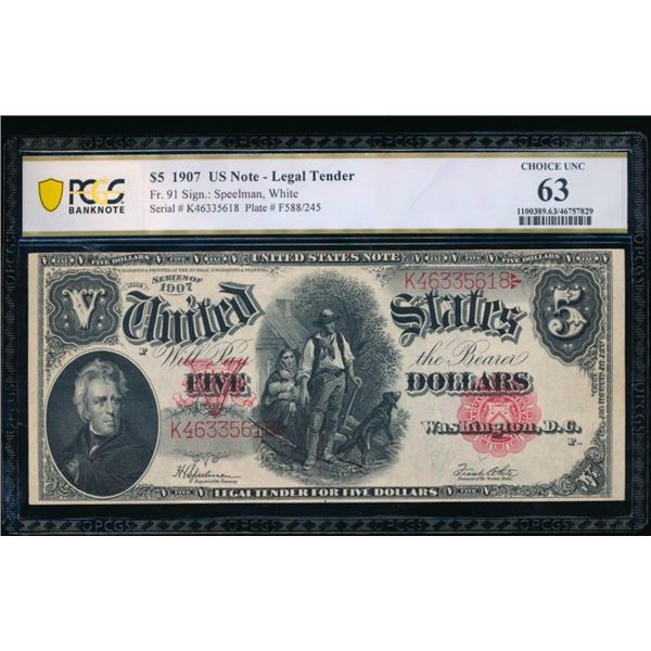 1907 $5 Legal Tender Note PCGS 63