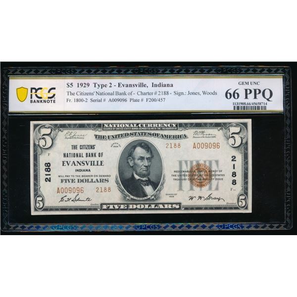 1929 $5 Evansville IN National PCGS 66PPQ