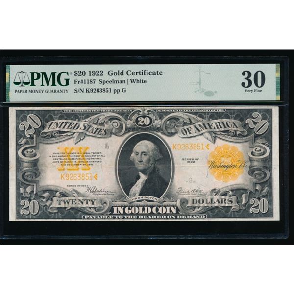 1922 $20 Gold Certificate PMG 30