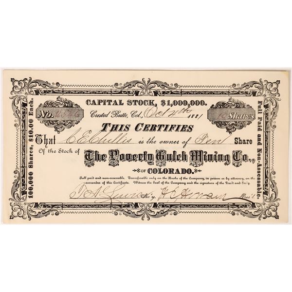 Poverty Gulch Mining Company Stock, Crested Butte, CO. 1881 [165478]