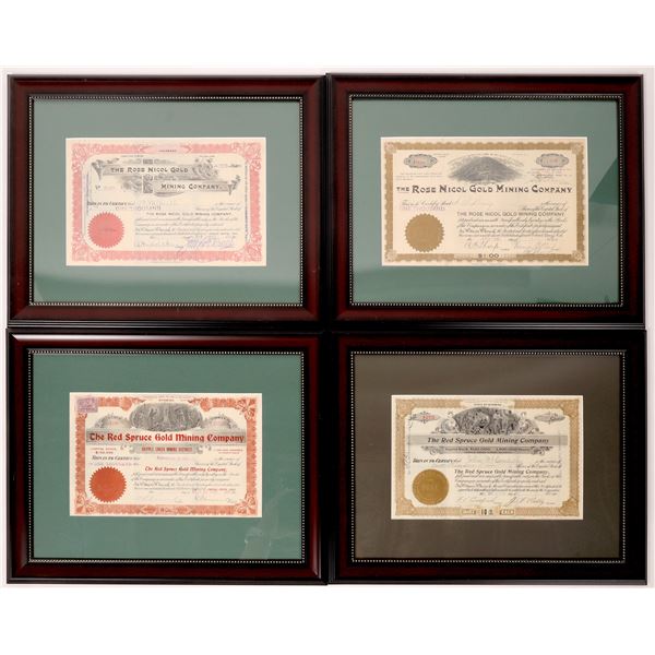 Rose Nichol Gold & Red Spruce Gold Framed Mining Stocks, 4 [165135]