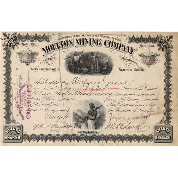 Moulton Mining Co. Stock Certificate #2 Issued, Signed by WA Clark [165268]