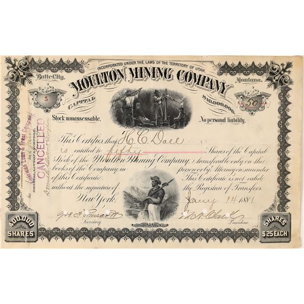 Moulton Mining Co. Stock Certificate #5 Issued, Signed by WA Clark [165269]