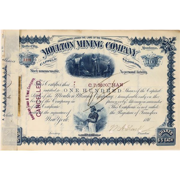 Moulton Mining Co. Stock issued to CP Moorman (JH Cutter Whiskey), Signed by WA Clark [165347]