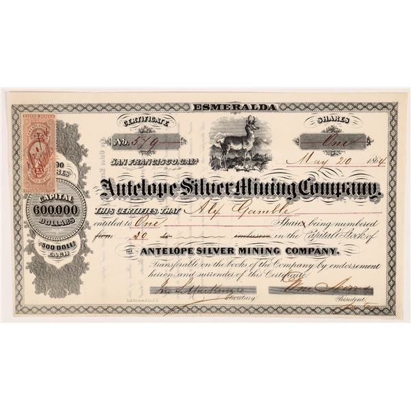 Antelope Silver Mining Company Stock Certificate -- Mark Twain Connection [166931]