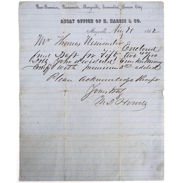 Harvey Harris & Co. Assay Office Letter, Marysville [158070]