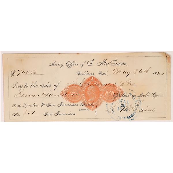 Assay Office of L. McLaine Revenue Check, Volcano, CA [166957]