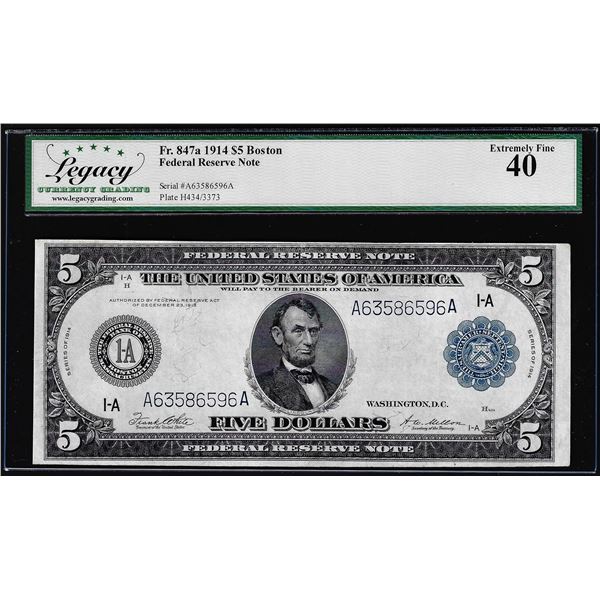 1914 $5 Federal Reserve Note Chicago Fr.871A Legacy Extremely Fine 40