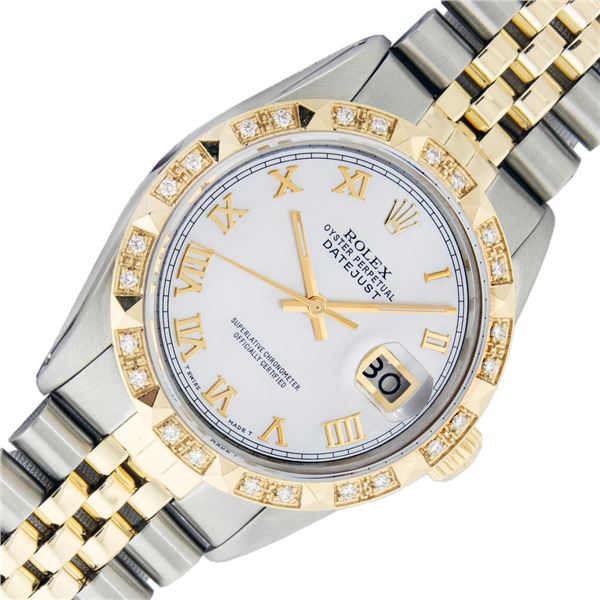 Rolex Mens Two Tone White Roman Pyramid Diamond Datejust Wristwatch With Rolex Box